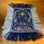 THE SUN TAROT fringed 6 X 4 Patch Sew or Iron On Fringe art Dark Indigo Denim NuAge embroidered Hands Solei Sunshine Frayed fringed decal Tarot Cards