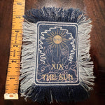 THE SUN TAROT fringed 6 X 4 Patch Sew or Iron On Fringe art Dark Indigo Denim NuAge embroidered Hands Solei Sunshine Frayed fringed decal Tarot Cards