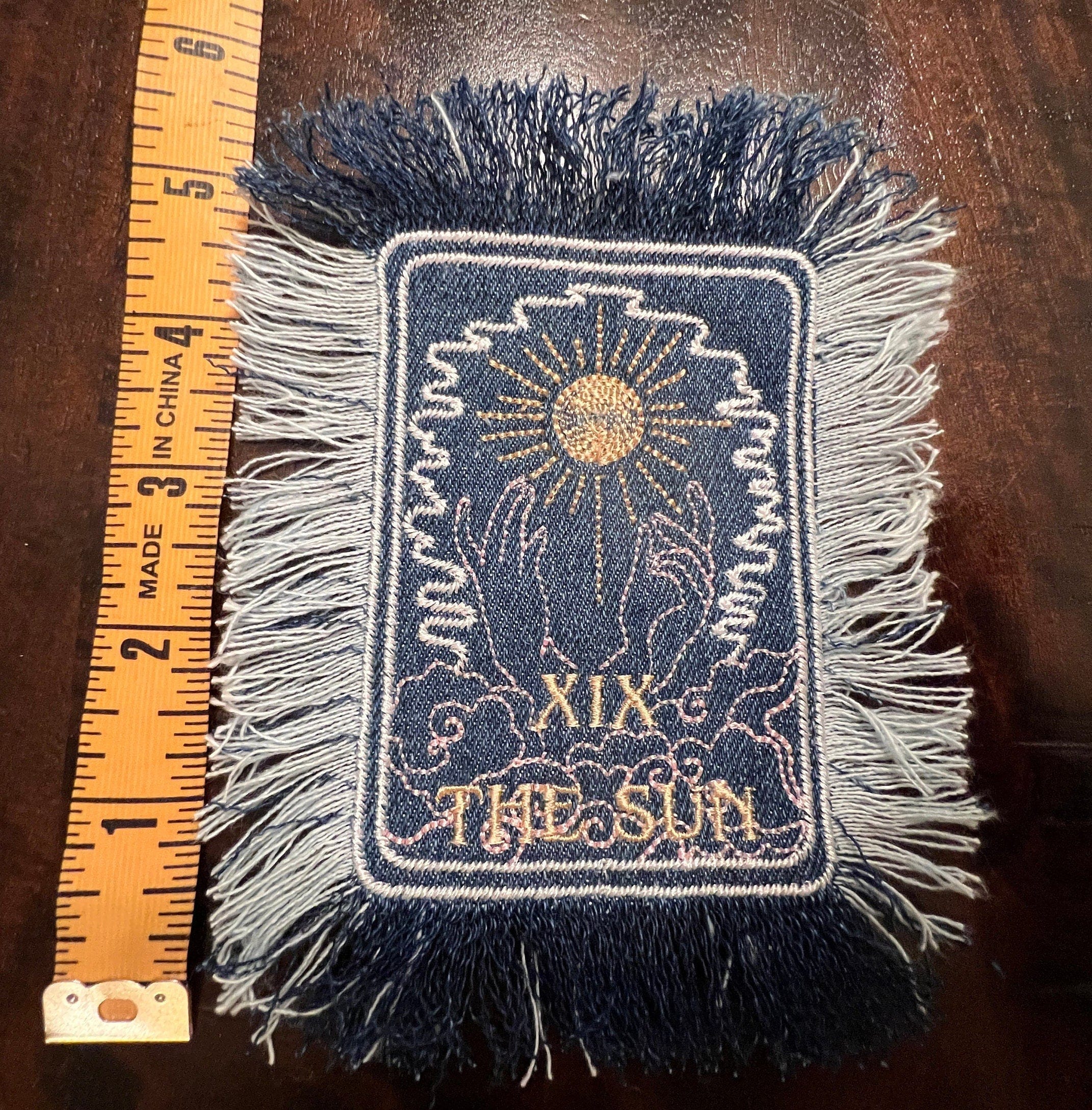 THE SUN TAROT fringed 6 X 4 Patch Sew or Iron On Fringe art Dark Indigo Denim NuAge embroidered Hands Solei Sunshine Frayed fringed decal Tarot Cards