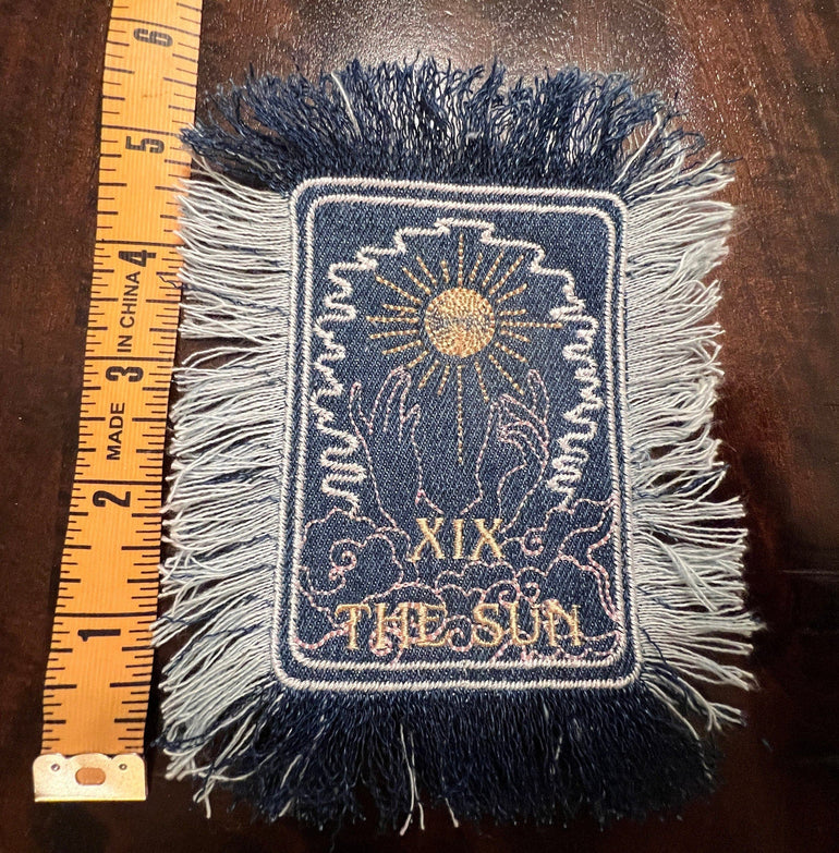 THE SUN TAROT fringed 6 X 4 Patch Sew or Iron On Fringe art Dark Indigo Denim NuAge embroidered Hands Solei Sunshine Frayed fringed decal Tarot Cards