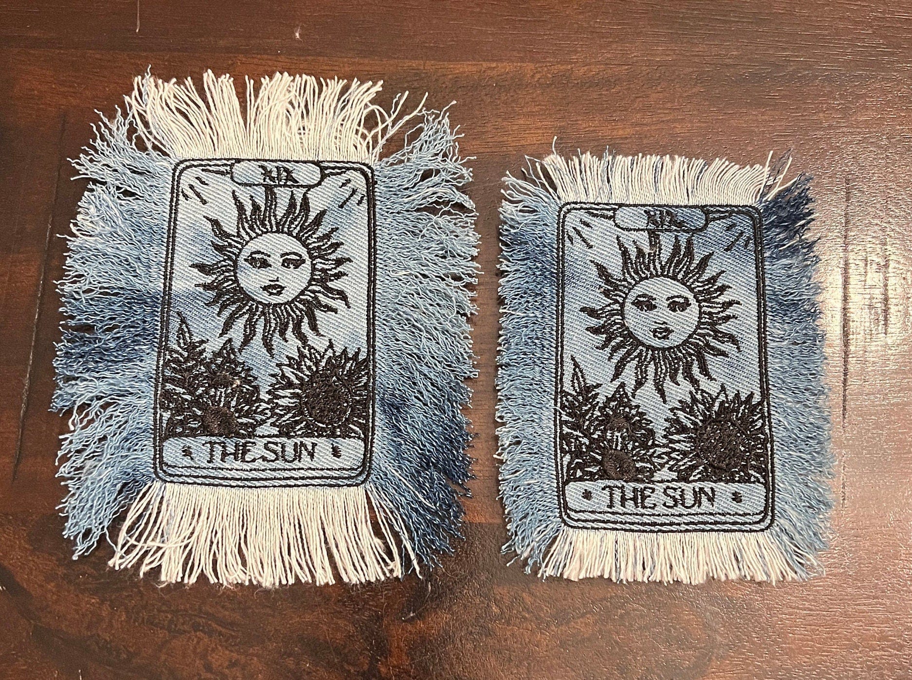 The SUN Tarot Iron On MAX Fringe PATCH art bleached denim patch 5X4 black embroidered Sunflowers Solei Sunshine Frayed fringed decal