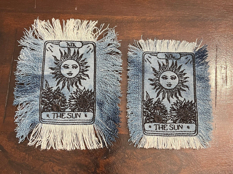 The SUN Tarot Iron On MAX Fringe PATCH art bleached denim patch 5X4 black embroidered Sunflowers Solei Sunshine Frayed fringed decal