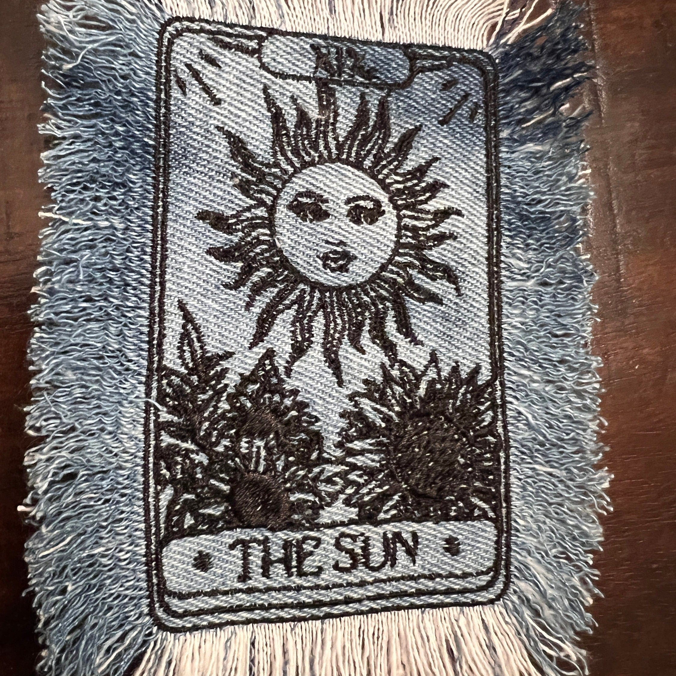 The SUN Tarot Iron On MAX Fringe PATCH art bleached denim patch 5X4 black embroidered Sunflowers Solei Sunshine Frayed fringed decal