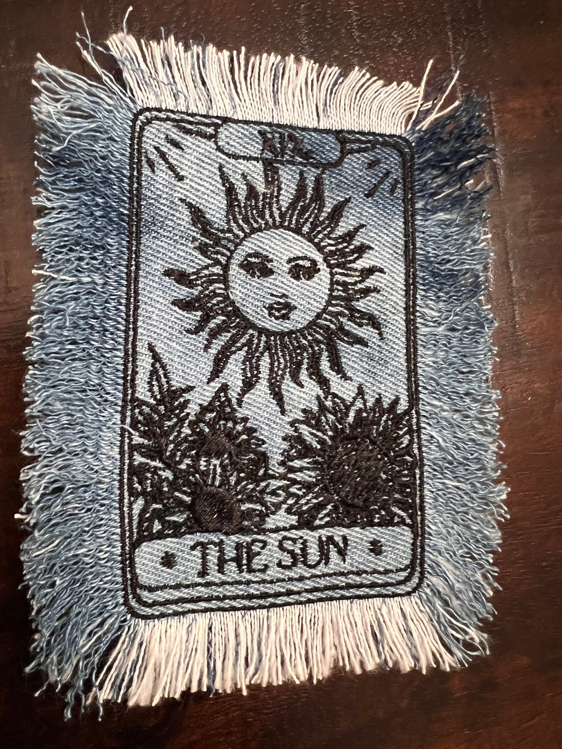 The SUN Tarot Iron On MAX Fringe PATCH art bleached denim patch 5X4 black embroidered Sunflowers Solei Sunshine Frayed fringed decal