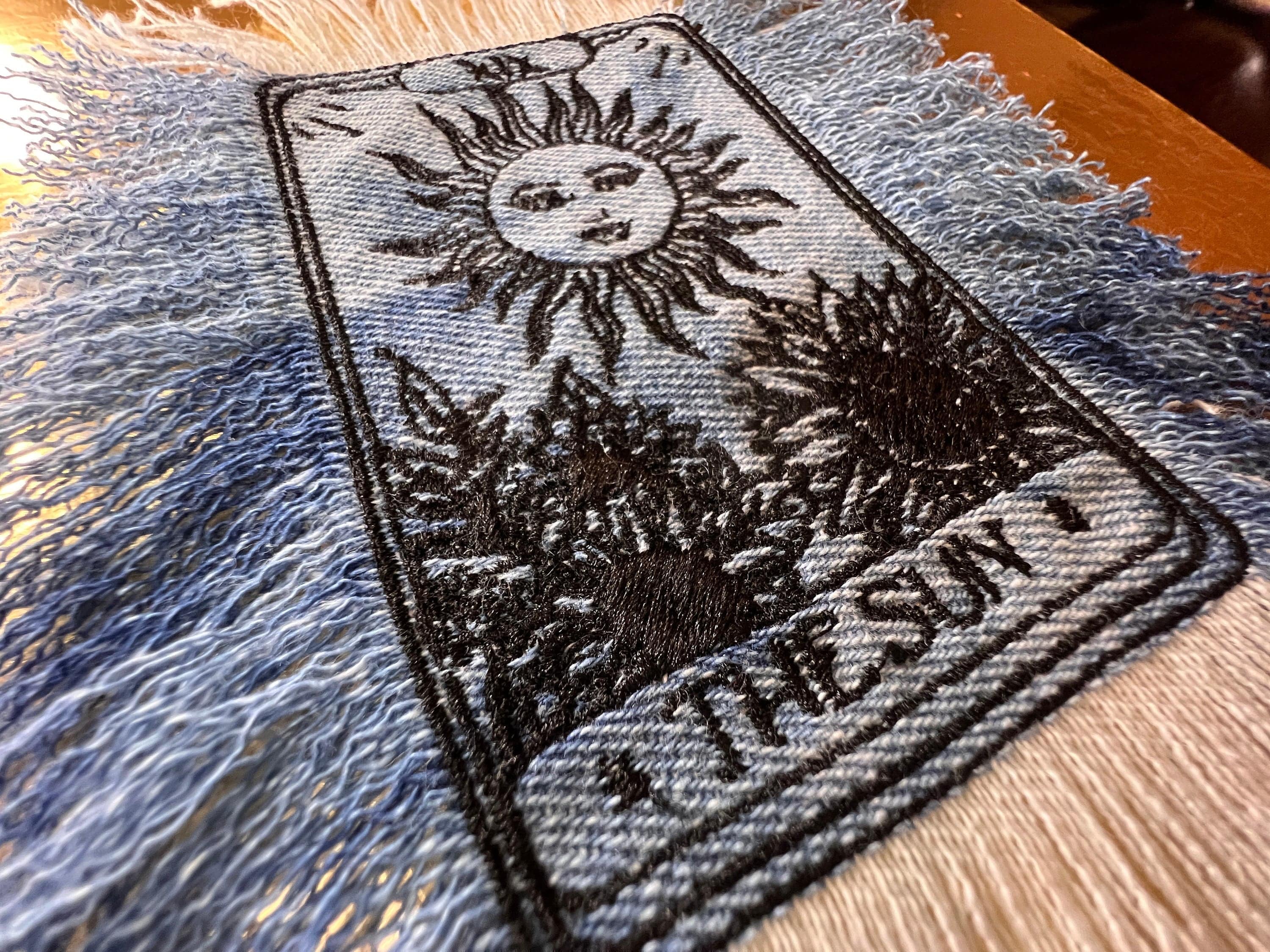 The SUN Tarot Iron On MAX Fringe PATCH art bleached denim patch 5X4 black embroidered Sunflowers Solei Sunshine Frayed fringed decal
