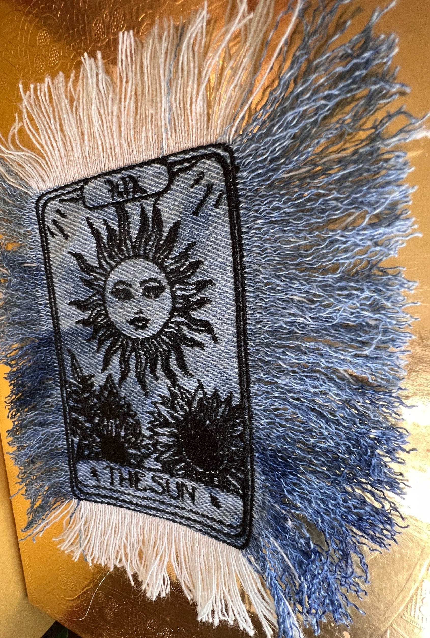 The SUN Tarot Iron On MAX Fringe PATCH art bleached denim patch 5X4 black embroidered Sunflowers Solei Sunshine Frayed fringed decal