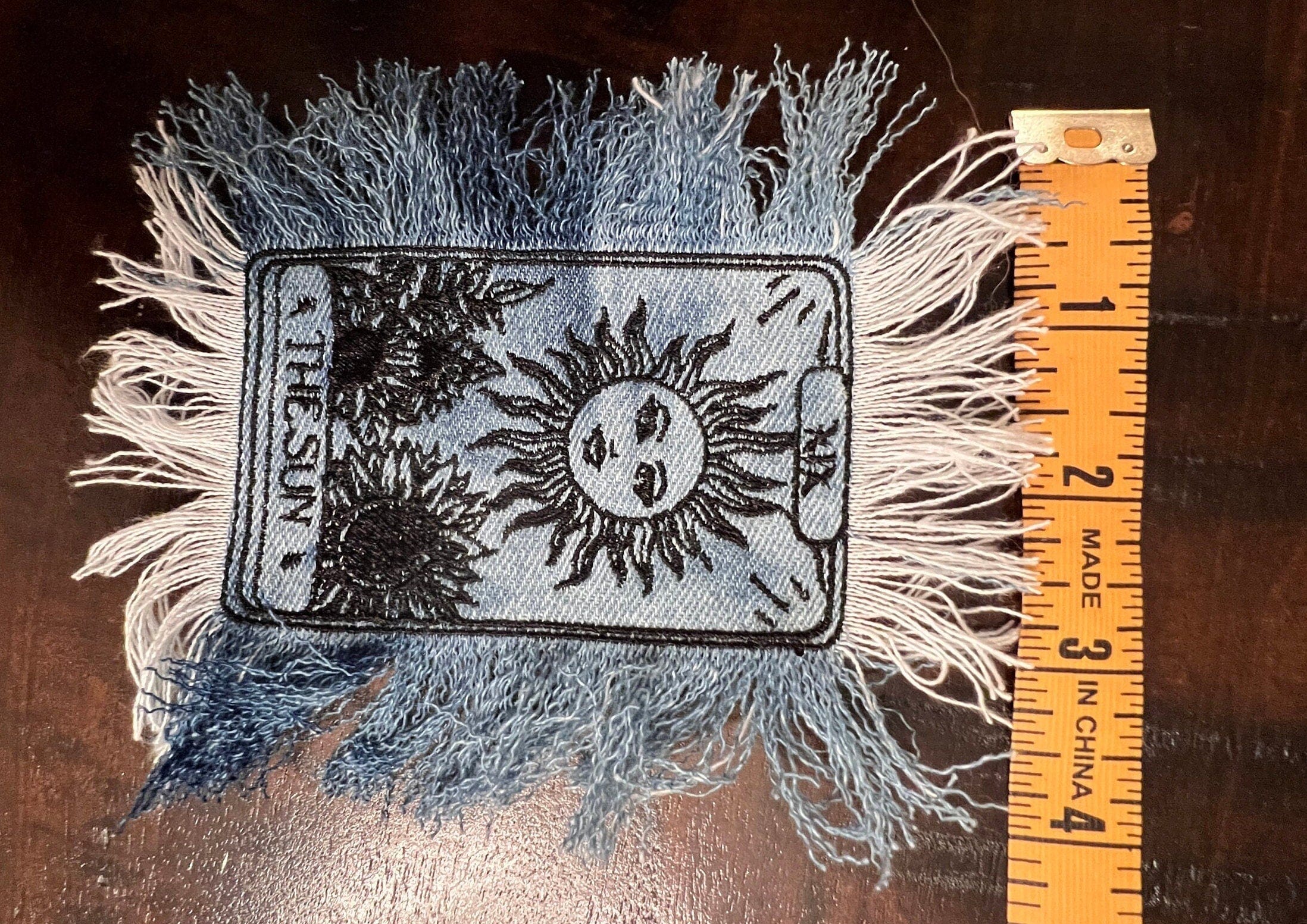 The SUN Tarot Iron On MAX Fringe PATCH art bleached denim patch 5X4 black embroidered Sunflowers Solei Sunshine Frayed fringed decal