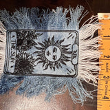 The SUN Tarot Iron On MAX Fringe PATCH art bleached denim patch 5X4 black embroidered Sunflowers Solei Sunshine Frayed fringed decal