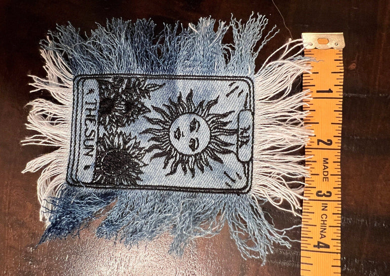 The SUN Tarot Iron On MAX Fringe PATCH art bleached denim patch 5X4 black embroidered Sunflowers Solei Sunshine Frayed fringed decal