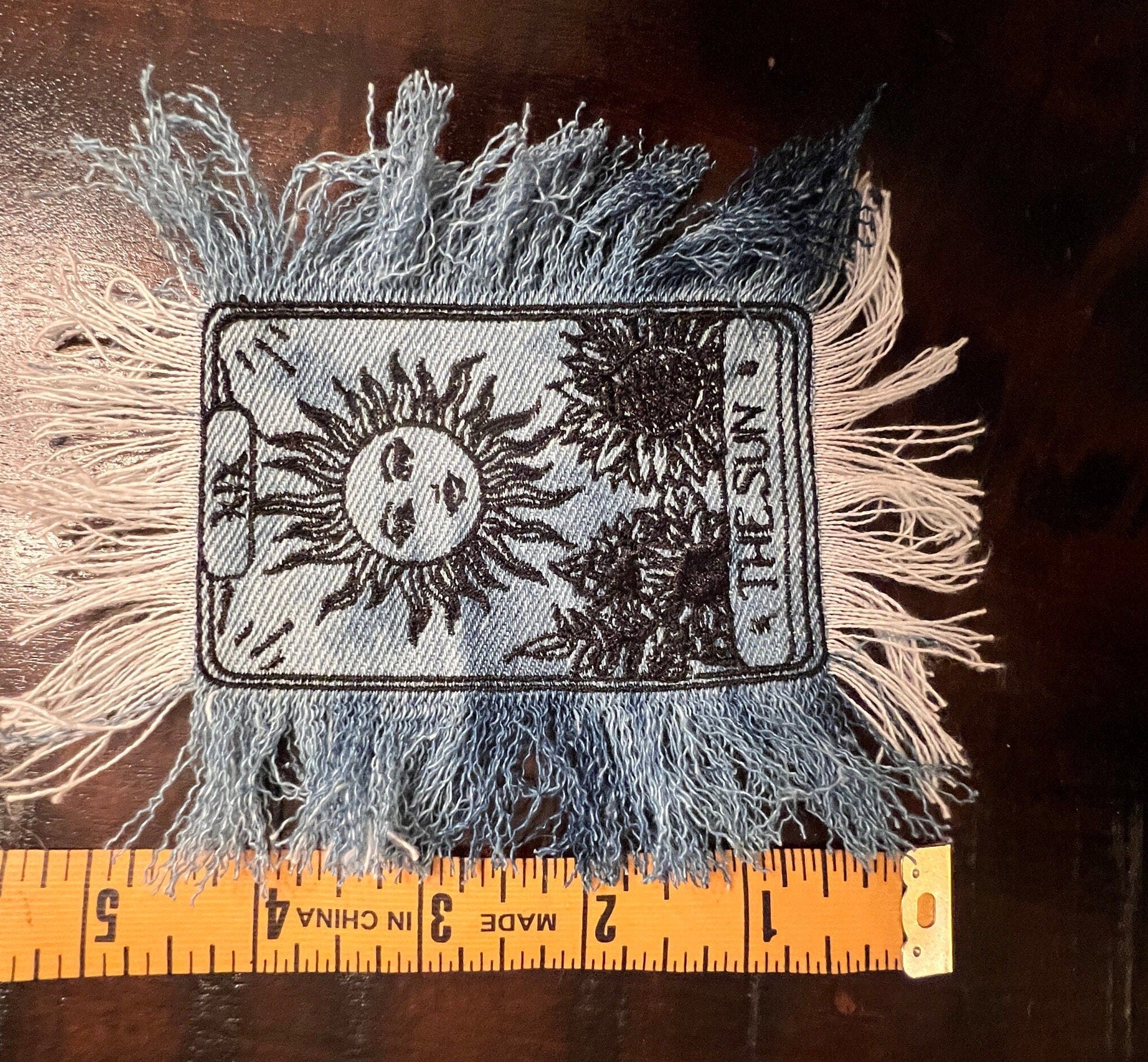 The SUN Tarot Iron On MAX Fringe PATCH art bleached denim patch 5X4 black embroidered Sunflowers Solei Sunshine Frayed fringed decal