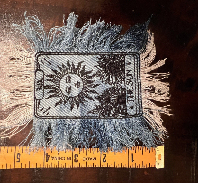 The SUN Tarot Iron On MAX Fringe PATCH art bleached denim patch 5X4 black embroidered Sunflowers Solei Sunshine Frayed fringed decal