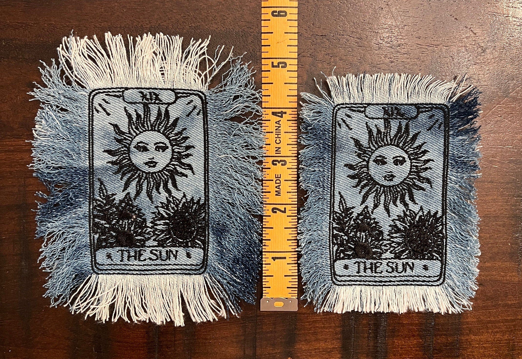 The SUN Tarot Iron On MAX Fringe PATCH art bleached denim patch 5X4 black embroidered Sunflowers Solei Sunshine Frayed fringed decal