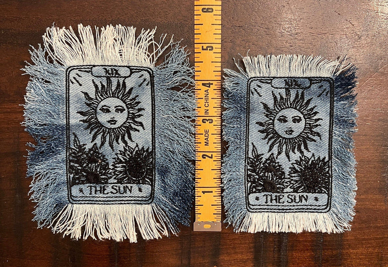 The SUN Tarot Iron On MAX Fringe PATCH art bleached denim patch 5X4 black embroidered Sunflowers Solei Sunshine Frayed fringed decal