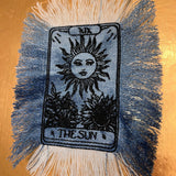 The SUN Tarot Iron On MAX Fringe PATCH art bleached denim patch 5X4 black embroidered Sunflowers Solei Sunshine Frayed fringed decal