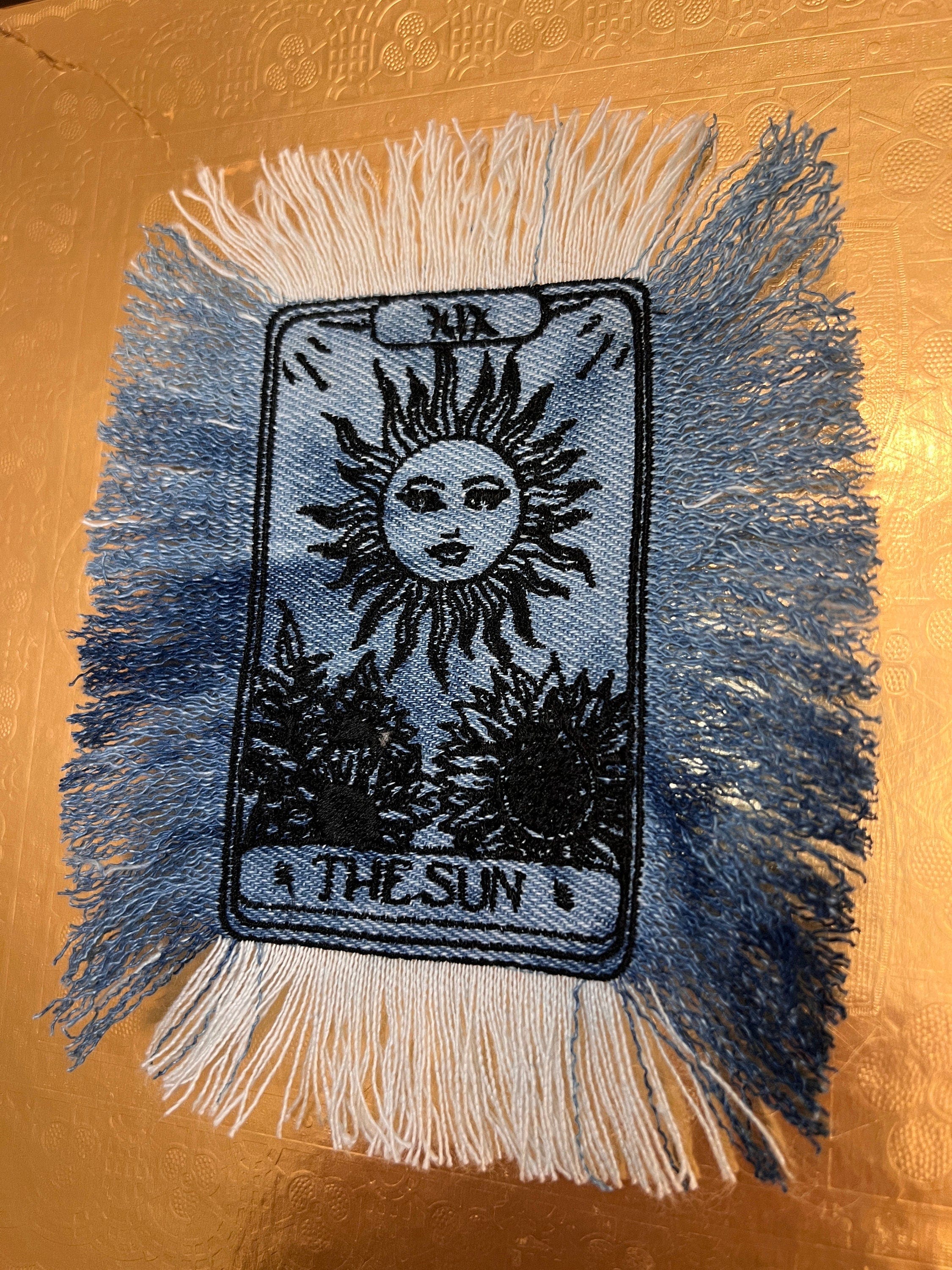 The SUN Tarot Iron On MAX Fringe PATCH art bleached denim patch 5X4 black embroidered Sunflowers Solei Sunshine Frayed fringed decal