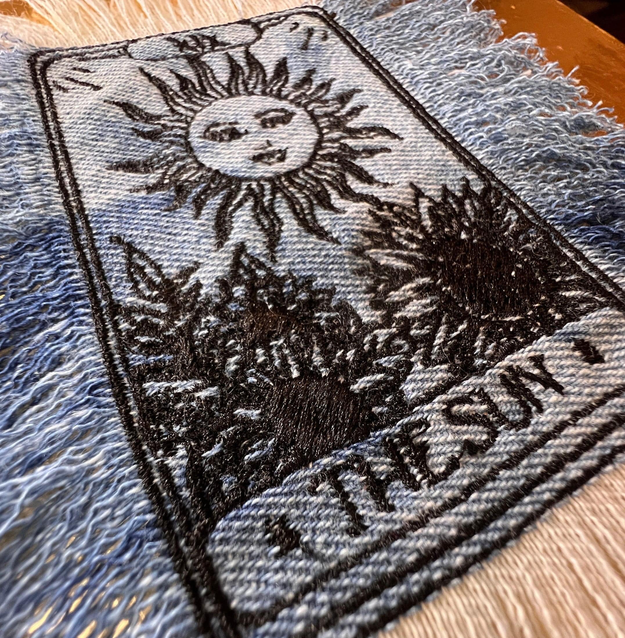 The SUN Tarot Iron On MAX Fringe PATCH art bleached denim patch 5X4 black embroidered Sunflowers Solei Sunshine Frayed fringed decal Tarot Cards