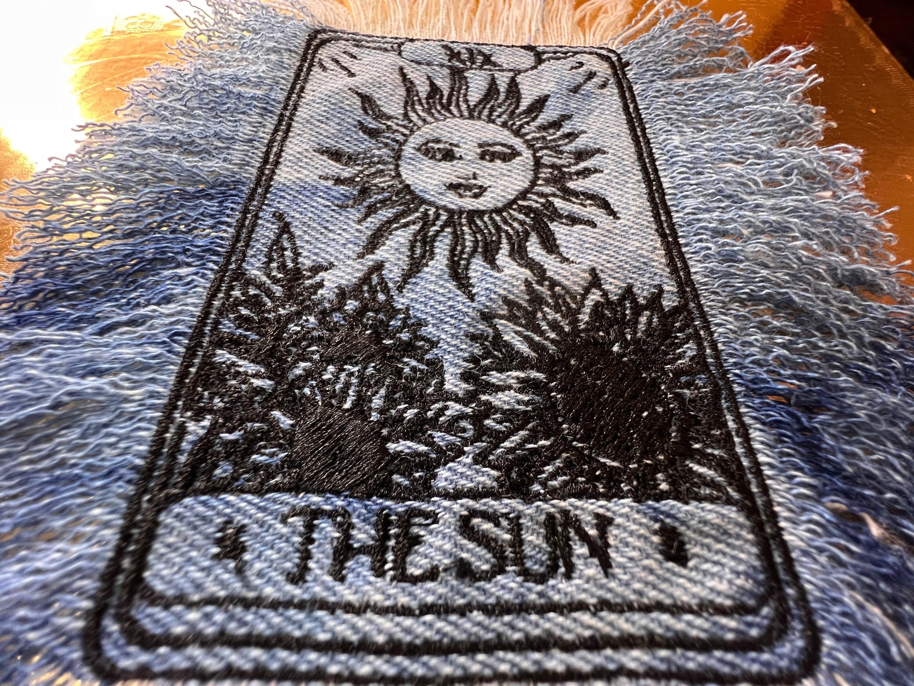 The SUN Tarot Iron On MAX Fringe PATCH art bleached denim patch 5X4 black embroidered Sunflowers Solei Sunshine Frayed fringed decal Tarot Cards