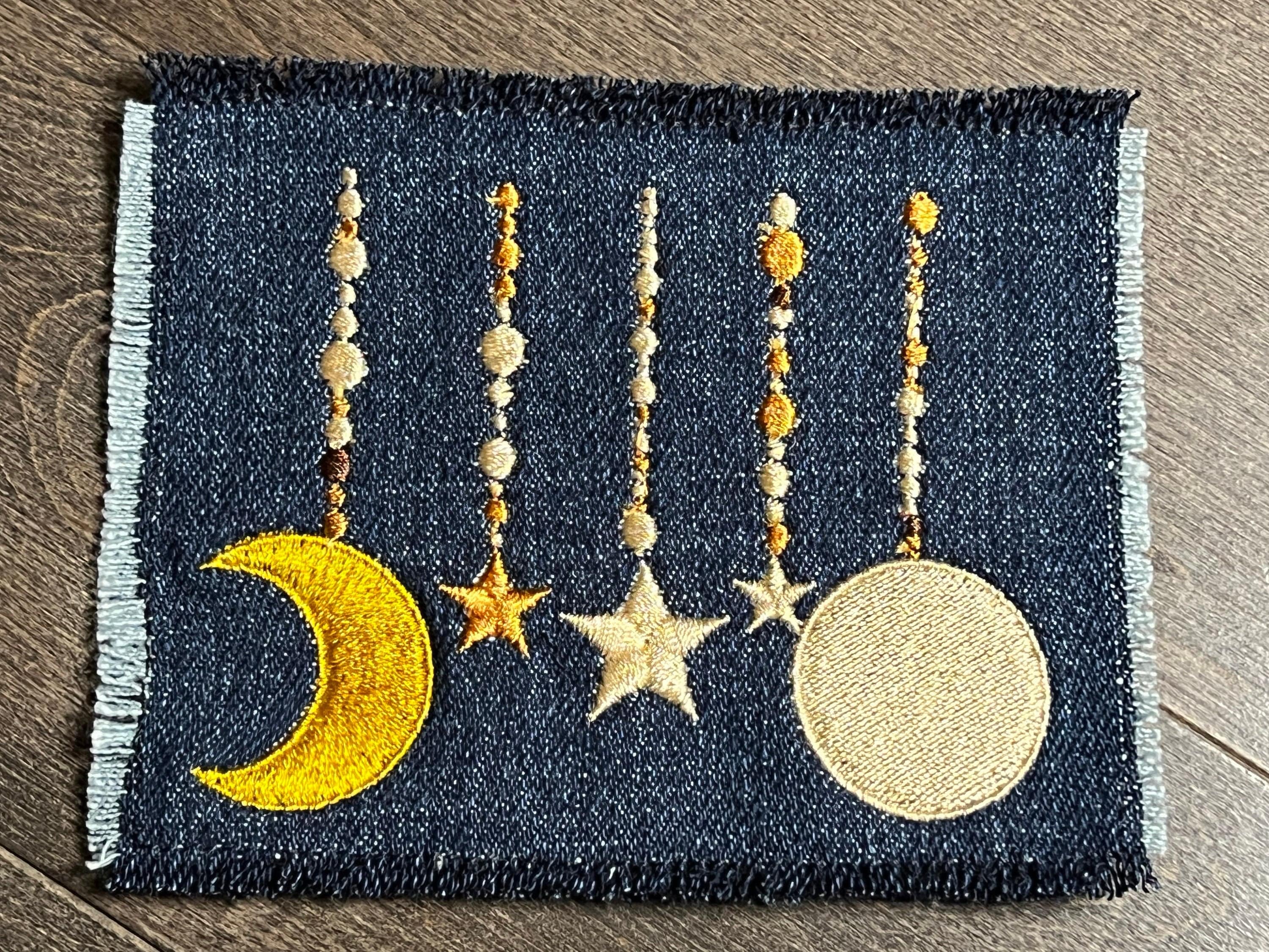 Twinkle little Star Moon phases CELESTIAL SOULE PATCH art Indigo blue Denim Iron On Patch 4.5 X 3.5 multi color embroidered