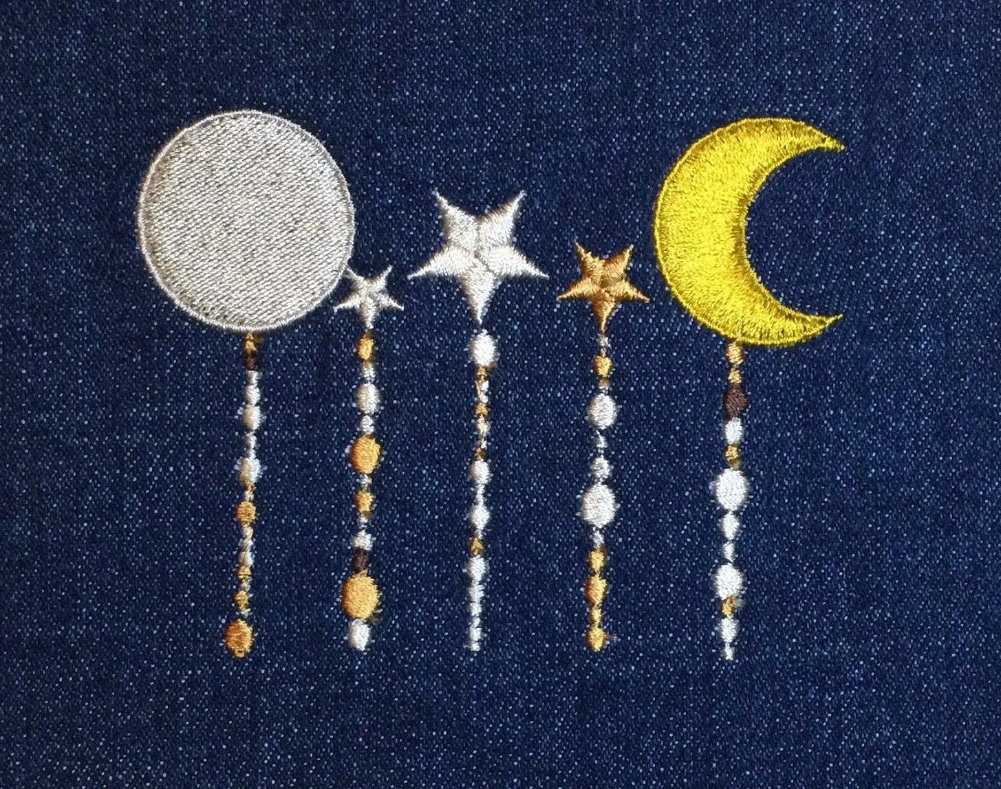 Twinkle little Star Moon phases CELESTIAL SOULE PATCH art Indigo blue Denim Iron On Patch 4.5 X 3.5 multi color embroidered