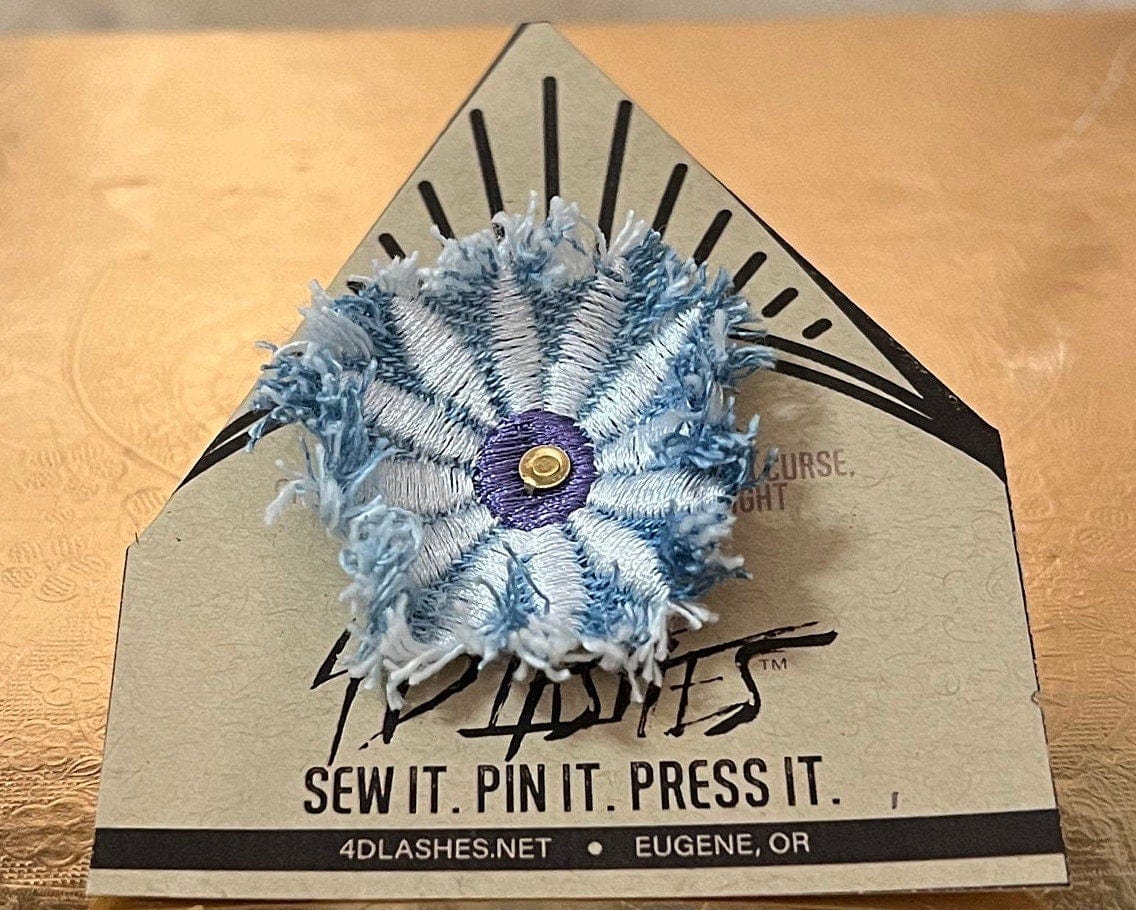 White & Purple FLOWER fringe Pin DECAL tie tack Handmade Embroidered Bleached Denim Frayed Lapel Patch Pin art iron on unique ironon posie