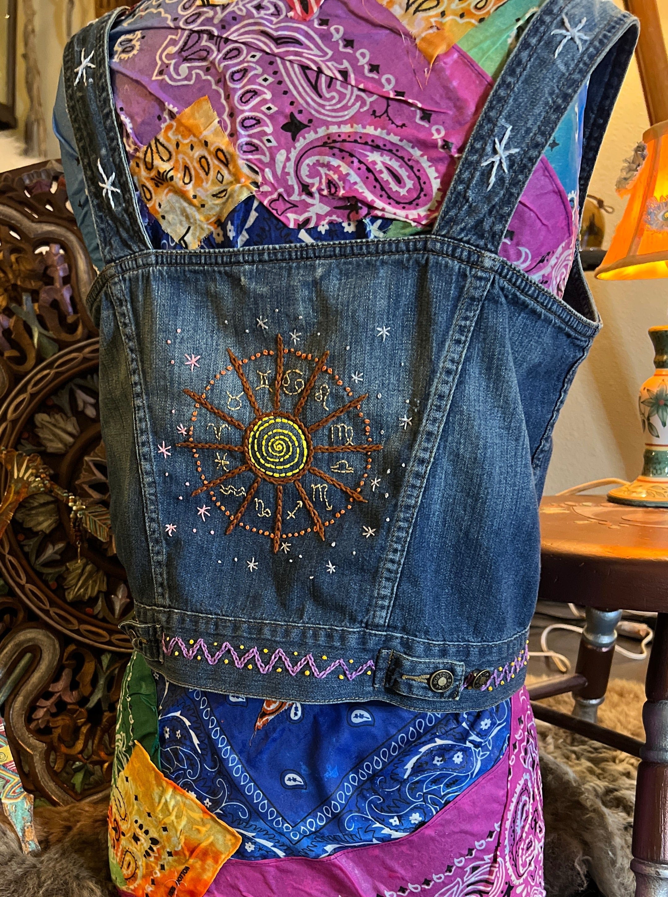Zodiac Wheel Denim Vest Halter Top Astrological Chart Hand Embroidered Boston Proper Customized 12