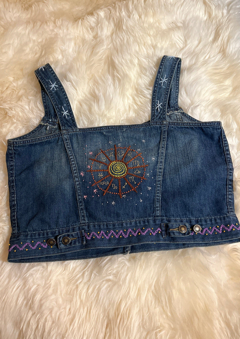 Zodiac Wheel Denim Vest Halter Top Astrological Chart Hand Embroidered Boston Proper Customized 12