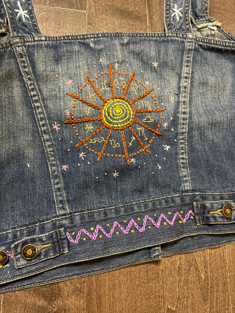 Zodiac Wheel Denim Vest Halter Top Astrological Chart Hand Embroidered Boston Proper Customized 12