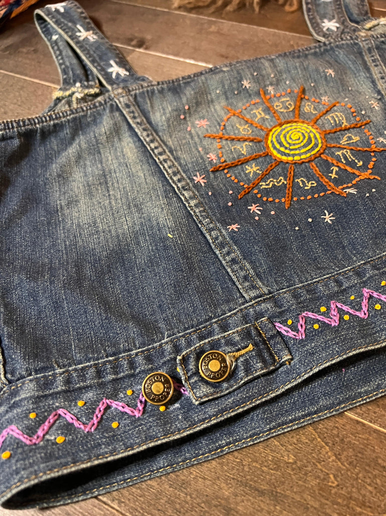 Zodiac Wheel Denim Vest Halter Top Hand Embroidered Astrological Chart Active Restock requests: 0 12